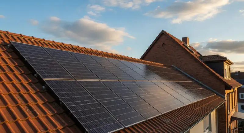 Close-up of photovoltaic solar panels installed on a traditional German Satteldach (gabled roof), blue sky with some clouds