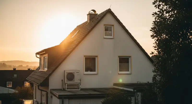 Typisches Einfamilienhaus in Altena mit steilem Dach und Wärmepumpen-Außeneinheit