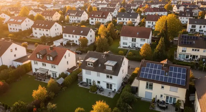 Aerial drone view of typical German residential neighborhood with mixed roof types, red and dark roof tiles, gardens visible, sunny day