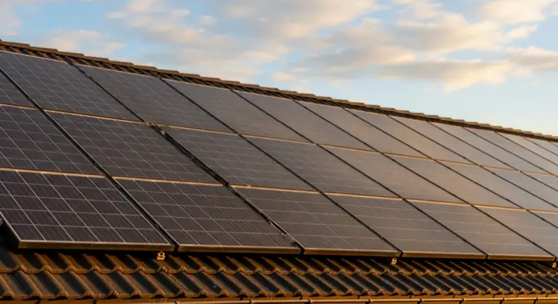 Close-up of photovoltaic solar panels installed on a traditional German Satteldach (gabled roof), blue sky with some clouds