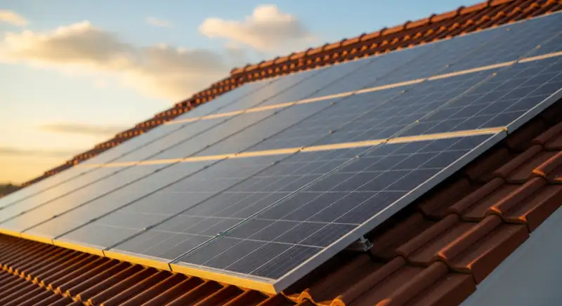 Close-up of photovoltaic solar panels installed on a traditional German Satteldach (gabled roof), blue sky with some clouds