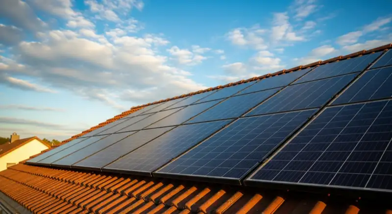 Close-up of photovoltaic solar panels installed on a traditional German Satteldach (gabled roof), blue sky with some clouds