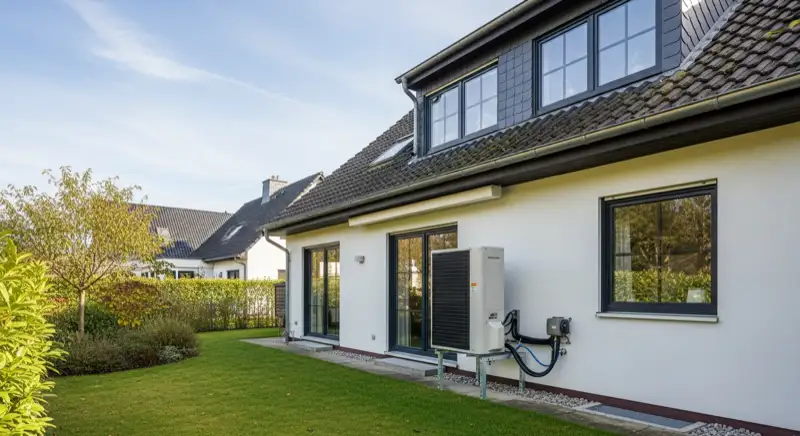 Installateur prüft Außengerät einer Wärmepumpe an einem Wohnhaus in Hanglage bei Attendorn