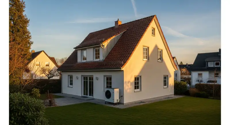 Sauerländer Einfamilienhaus in Attendorn mit steilem Dach und Wärmepumpe im Außenbereich