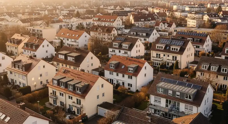 Wohngebiete in Augsburg mit verschiedenen Bauformen, typische Einfamilienhäuser und Dachstrukturen aus der Luft