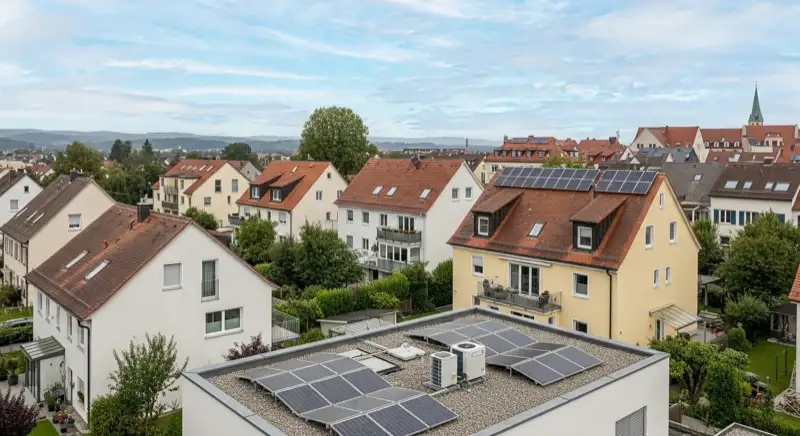 Wohngebiete in Augsburg mit verschiedenen Bauformen, typische Einfamilienhäuser und Dachstrukturen aus der Luft