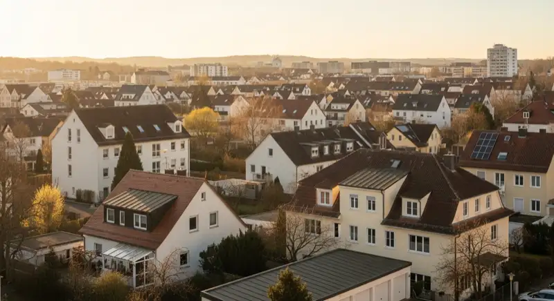 Wohngebiete in Augsburg mit verschiedenen Bauformen, typische Einfamilienhäuser und Dachstrukturen aus der Luft
