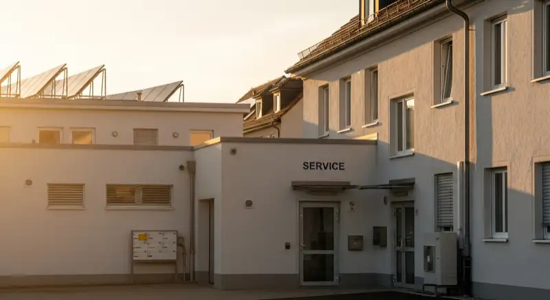 Blick auf das Stadtwerke-Gebäude in Augsburg mit Service-Eingang, lokale Versorgeratmosphäre