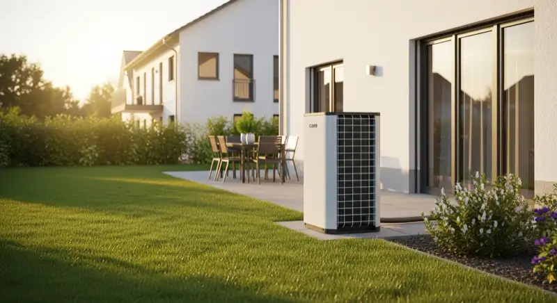 Moderne Luft-Wasser-Wärmepumpe Außengerät im gepflegten Garten eines Einfamilienhauses in Augsburg