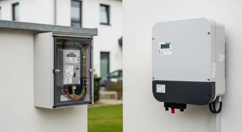 Modern German electrical meter cabinet (Zählerschrank) with smart meter and solar inverter connection, clean technical installation