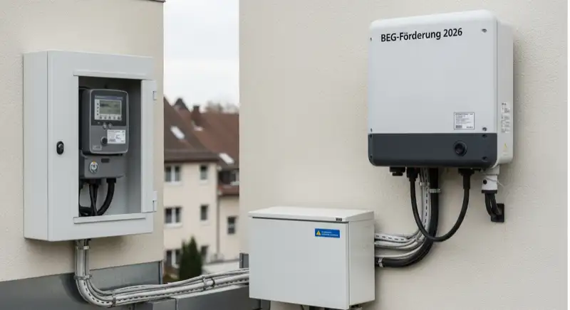 Modern German electrical meter cabinet (Zählerschrank) with smart meter and solar inverter connection, clean technical installation