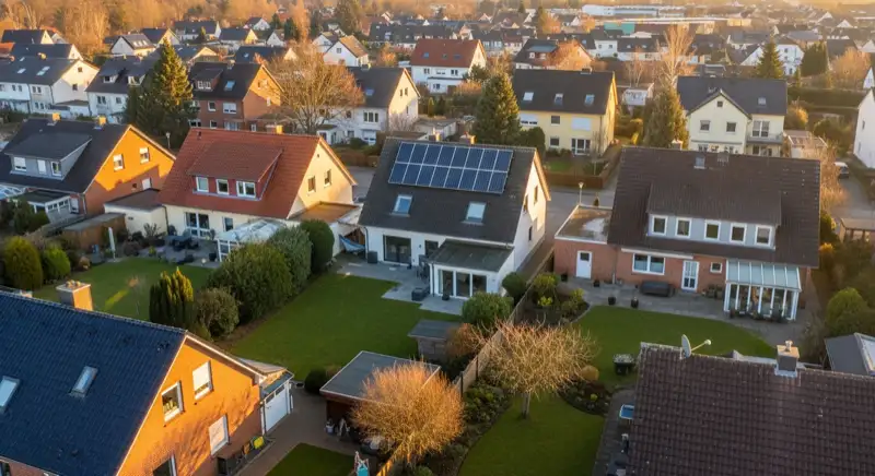 Aerial drone view of typical German residential neighborhood with mixed roof types, red and dark roof tiles, gardens visible, sunny day