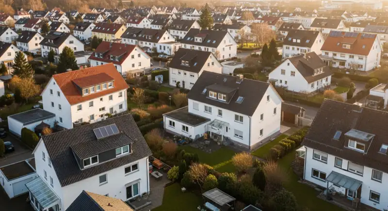Aerial drone view of typical German residential neighborhood with mixed roof types, red and dark roof tiles, gardens visible, sunny day