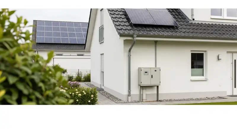 Modern German electrical meter cabinet (Zählerschrank) with smart meter and solar inverter connection, clean technical installation