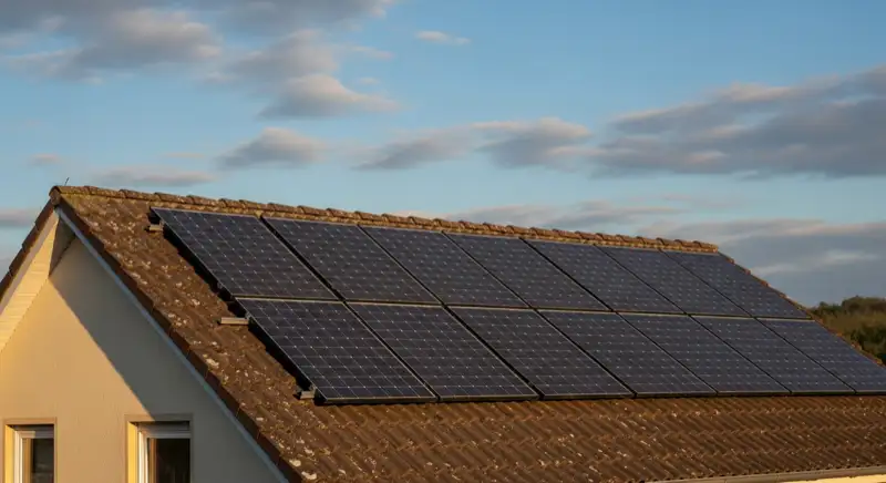 Close-up of photovoltaic solar panels installed on a traditional German Satteldach (gabled roof), blue sky with some clouds