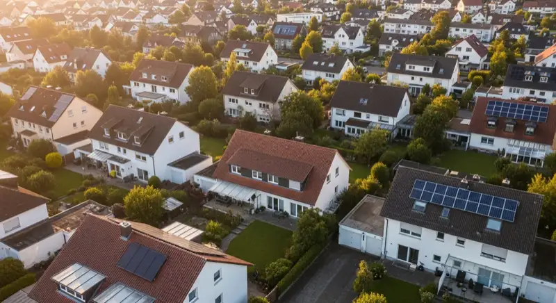Aerial drone view of typical German residential neighborhood with mixed roof types, red and dark roof tiles, gardens visible, sunny day