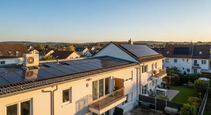 Einfamilienhaus in Kirdorf mit Wärmepumpen-Außeneinheit neben einem Nebengebäude