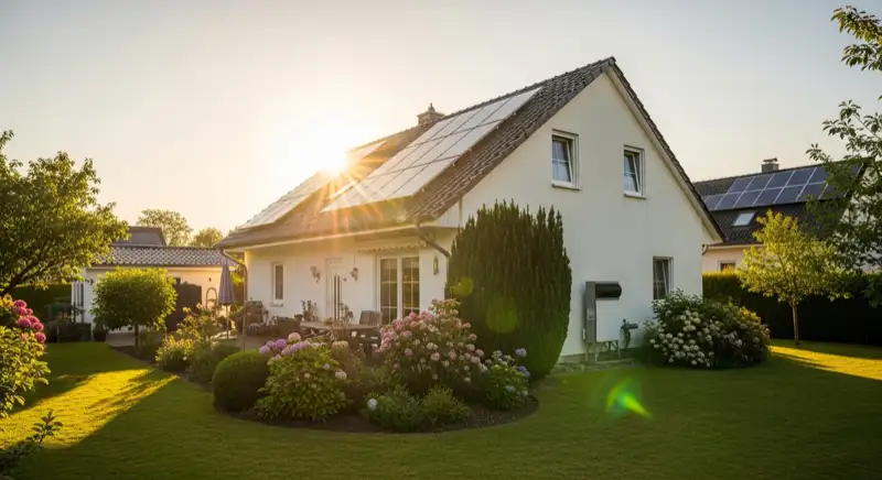 German detached house (Einfamilienhaus) with photovoltaic panels on pitched roof, well-maintained garden, warm afternoon sunlight