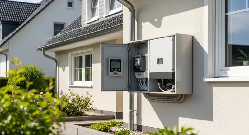 Modern German electrical meter cabinet (Zählerschrank) with smart meter and solar inverter connection, clean technical installation