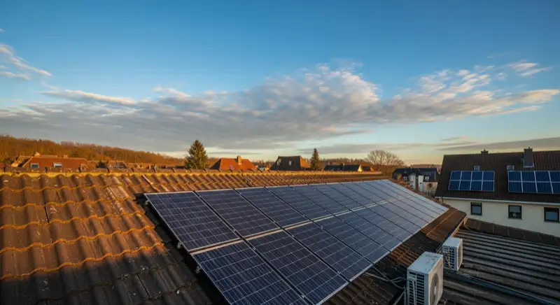 Close-up of photovoltaic solar panels installed on a traditional German Satteldach (gabled roof), blue sky with some clouds