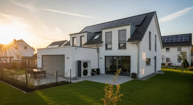 Moderner Neubau in Bad Honnef mit Wärmepumpe neben Terrasse und Garten
