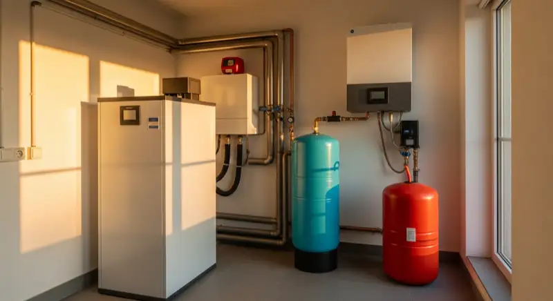 Sauberer Technikraum mit Wärmepumpen-Inneneinheit und Pufferspeicher