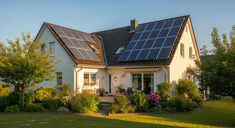 German detached house (Einfamilienhaus) with photovoltaic panels on pitched roof, well-maintained garden, warm afternoon sunlight