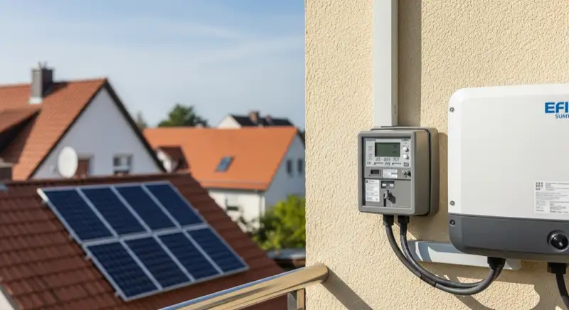 Modern German electrical meter cabinet (Zählerschrank) with smart meter and solar inverter connection, clean technical installation