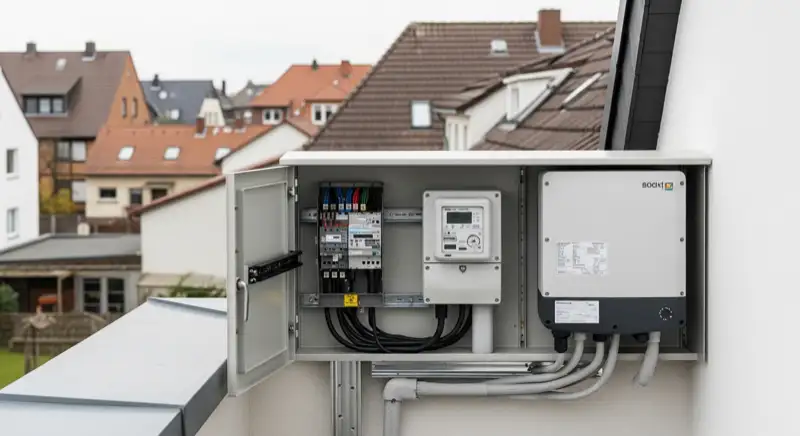 Modern German electrical meter cabinet (Zählerschrank) with smart meter and solar inverter connection, clean technical installation