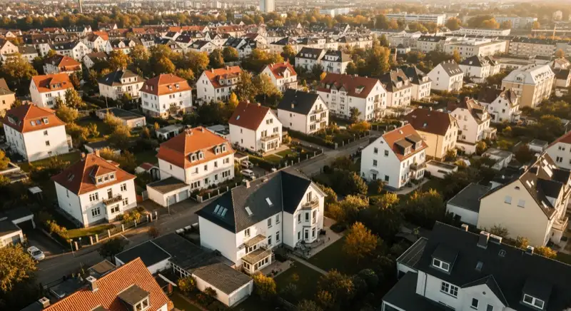 Aerial drone view of typical German residential neighborhood with mixed roof types, red and dark roof tiles, gardens visible, sunny day