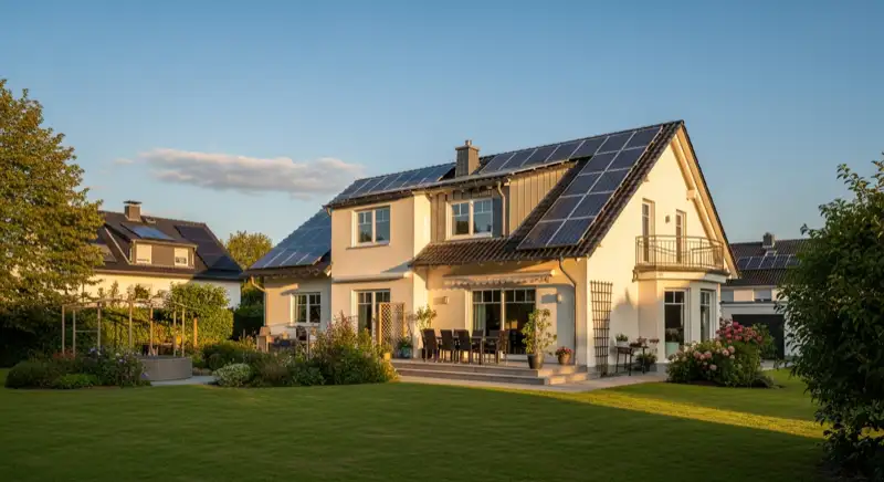 German detached house (Einfamilienhaus) with photovoltaic panels on pitched roof, well-maintained garden, warm afternoon sunlight