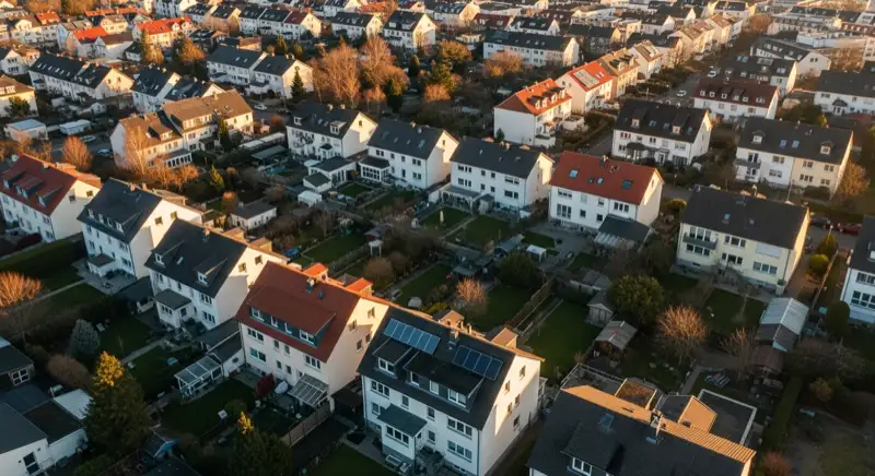 Aerial drone view of typical German residential neighborhood with mixed roof types, red and dark roof tiles, gardens visible, sunny day