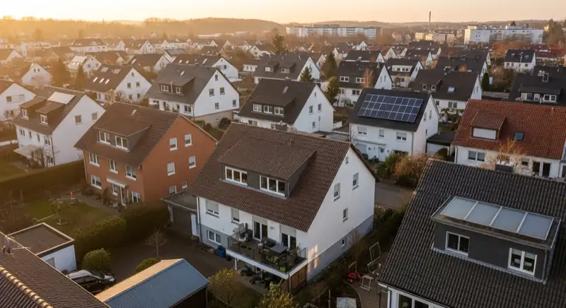 Aerial drone view of typical German residential neighborhood with mixed roof types, red and dark roof tiles, gardens visible, sunny day