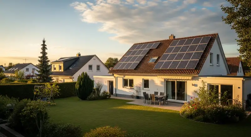 German detached house (Einfamilienhaus) with photovoltaic panels on pitched roof, well-maintained garden, warm afternoon sunlight
