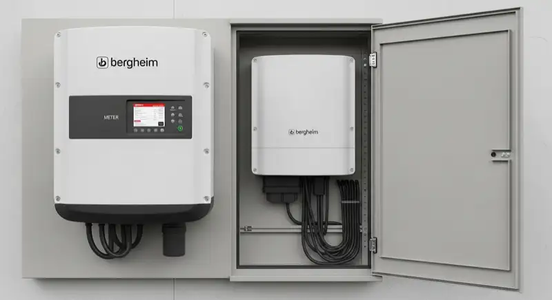 Modern German electrical meter cabinet (Zählerschrank) with smart meter and solar inverter connection, clean technical installation