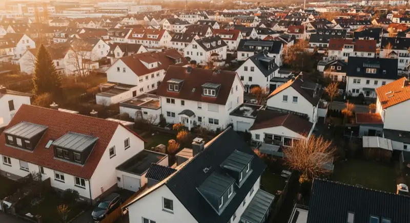 Aerial drone view of typical German residential neighborhood with mixed roof types, red and dark roof tiles, gardens visible, sunny day