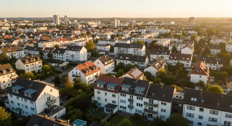 Aerial drone view of typical German residential neighborhood with mixed roof types, red and dark roof tiles, gardens visible, sunny day