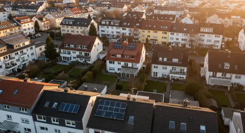 Aerial drone view of typical German residential neighborhood with mixed roof types, red and dark roof tiles, gardens visible, sunny day