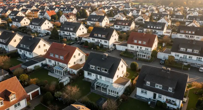 Aerial drone view of typical German residential neighborhood with mixed roof types, red and dark roof tiles, gardens visible, sunny day
