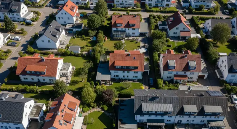 Aerial drone view of typical German residential neighborhood with mixed roof types, red and dark roof tiles, gardens visible, sunny day