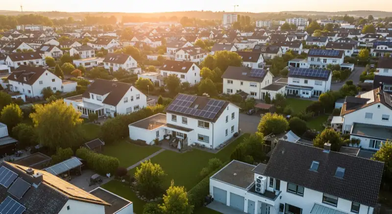 Aerial drone view of typical German residential neighborhood with mixed roof types, red and dark roof tiles, gardens visible, sunny day
