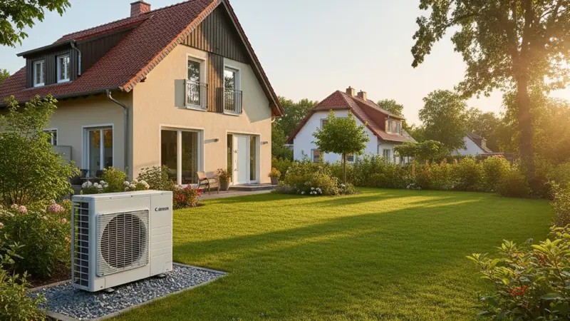 Wärmepumpe vor einem Berliner Einfamilienhaus, moderne Luft-Wasser-Wärmepumpe im Garten