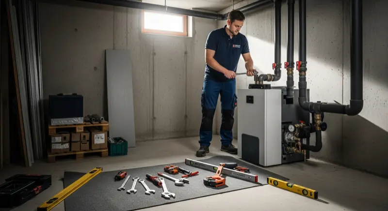 Heizungsmonteur bei der Wärmepumpen-Installation im Keller eines Berliner Hauses
