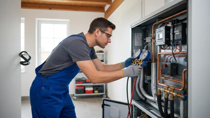 Wartung einer Wärmepumpe durch einen Techniker in Berlin