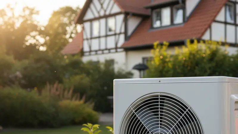 Luft-Wasser-Wärmepumpe im Garten eines Berliner Einfamilienhauses, Nahaufnahme