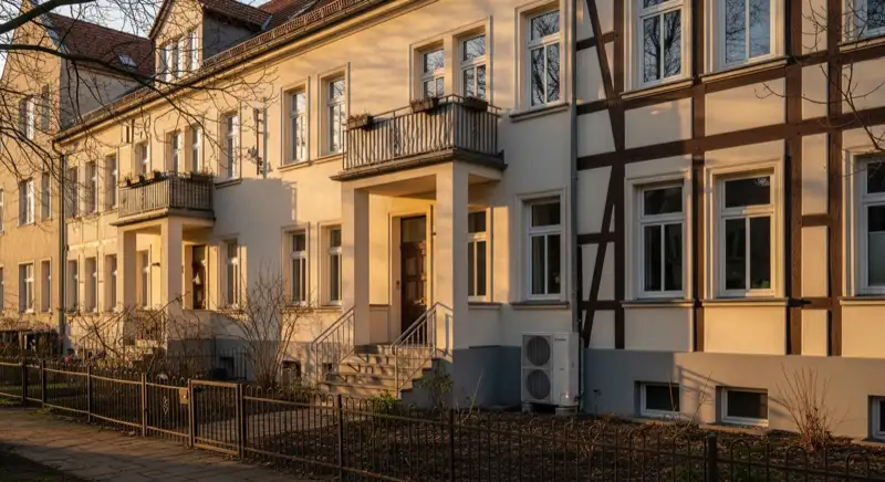 Altstadtfassade in Bernau bei Berlin mit saniertem Wohnhaus und unauffaelliger Waermepumpen-Ausseneinheit
