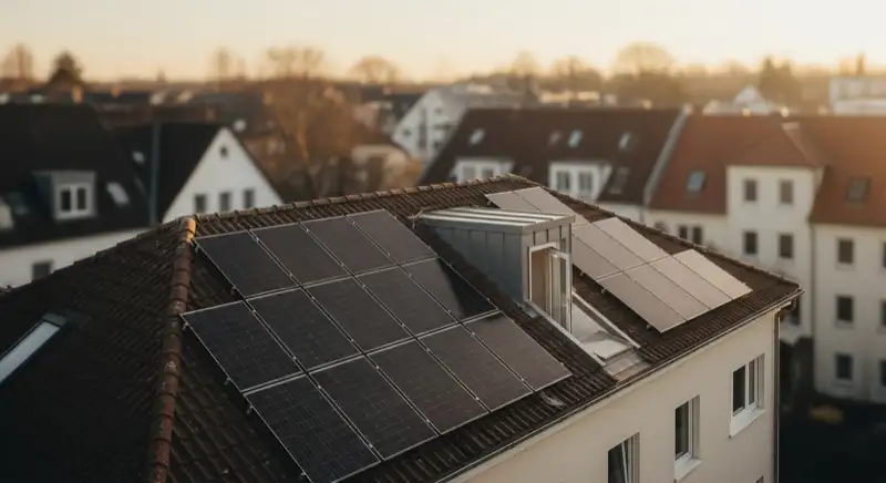 Mehrfamilienhausdach in Bernau Nibelungen mit Solaranlage und Zugang zum Technikraum
