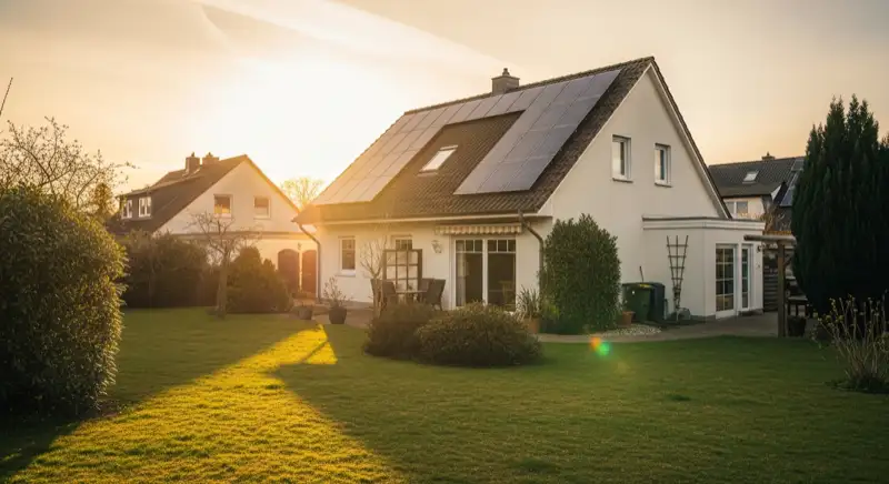 German detached house (Einfamilienhaus) with photovoltaic panels on pitched roof, well-maintained garden, warm afternoon sunlight