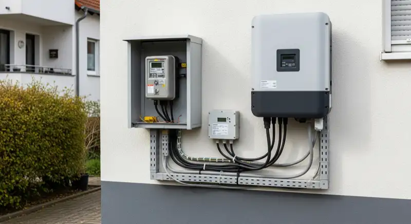 Modern German electrical meter cabinet (Zählerschrank) with smart meter and solar inverter connection, clean technical installation