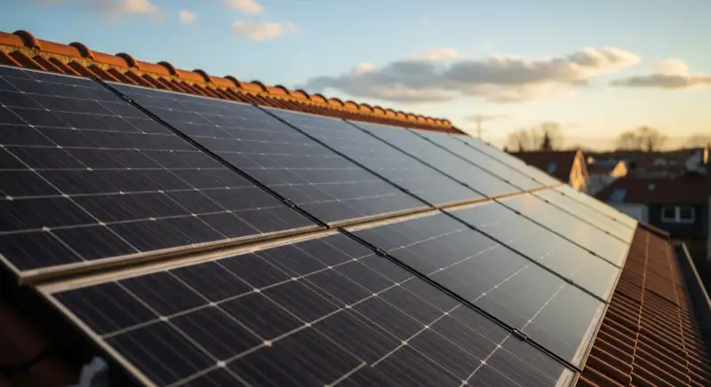 Close-up of photovoltaic solar panels installed on a traditional German Satteldach (gabled roof), blue sky with some clouds